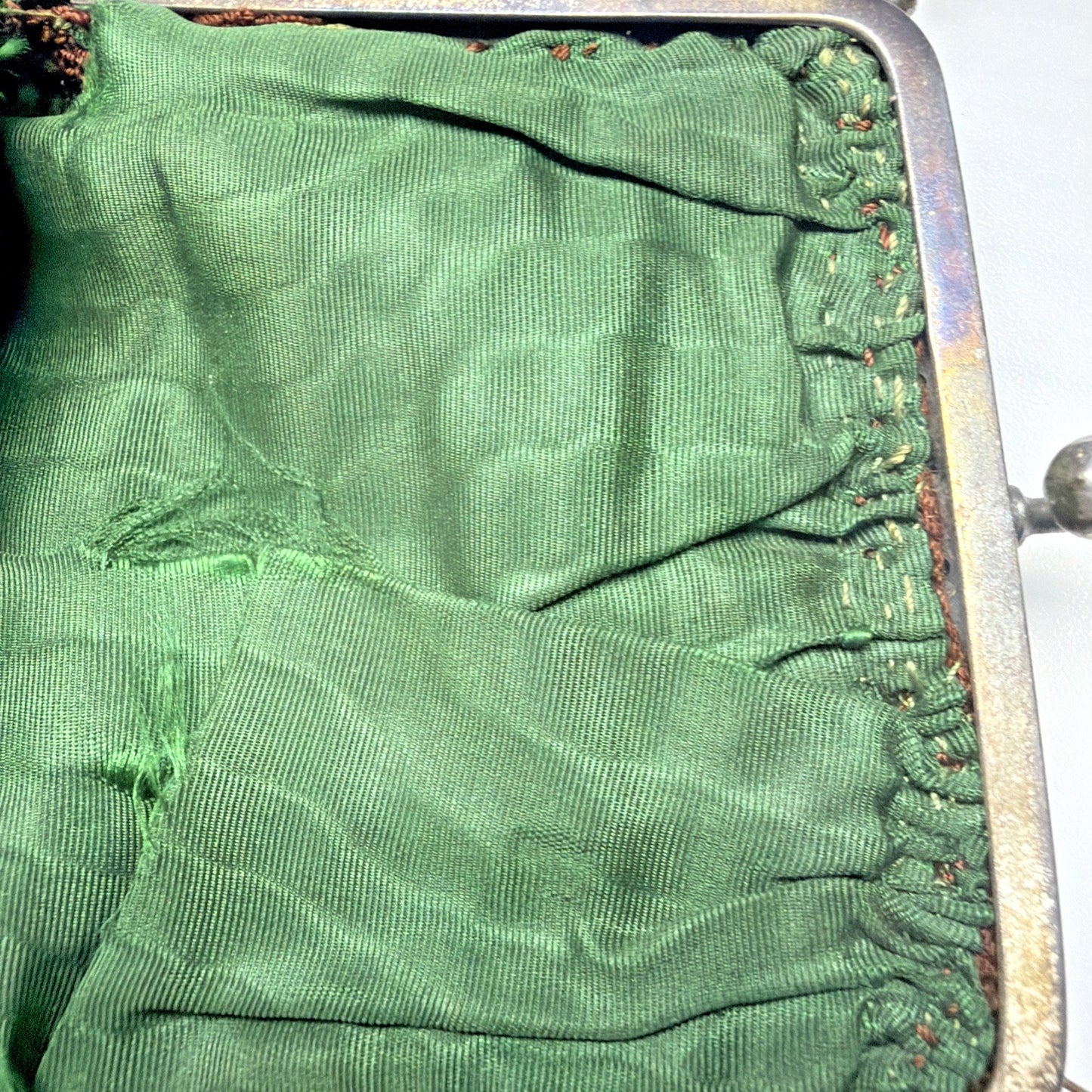Antique Crochet Brown Green Micro Bead Purse Ornate Metal Frame Kiss Lock Strap