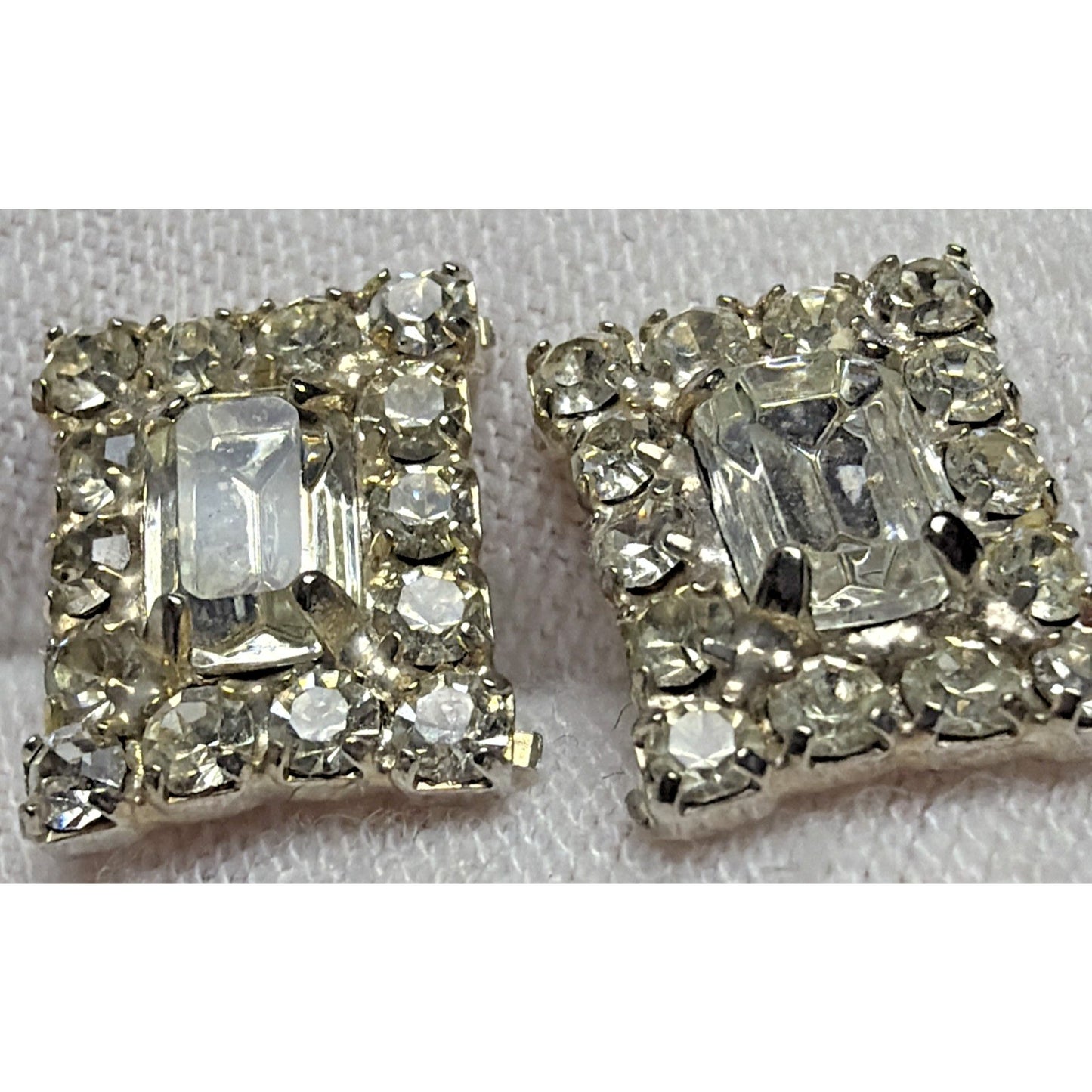 Vintage Emerald Cut Baguette Rhinestone Halo Cluster Pierced Earrings Prong Stud