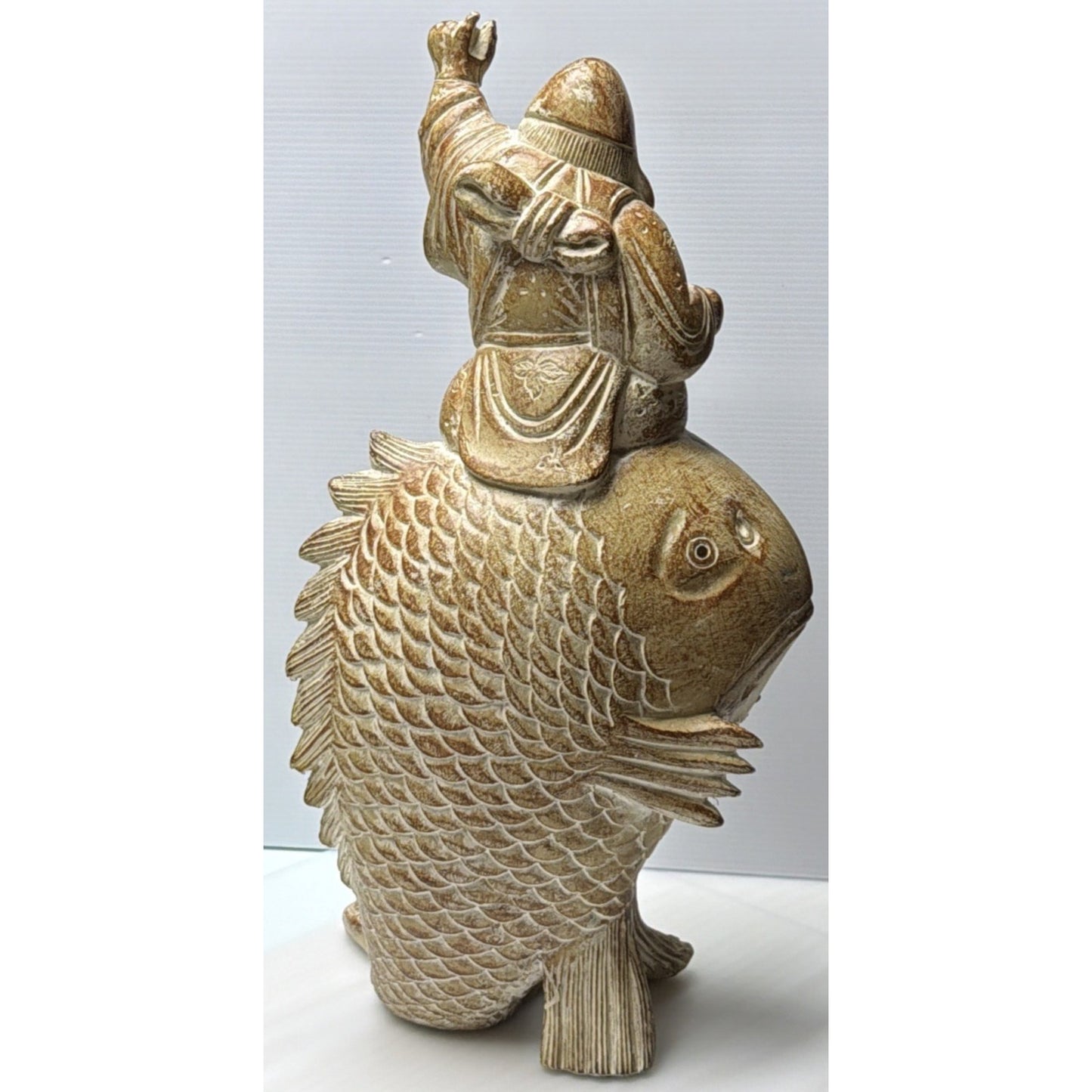 Vtg Designer Repros LA Carved Koi Fish Buddha Fishing Happy Asian Inspired As Is
