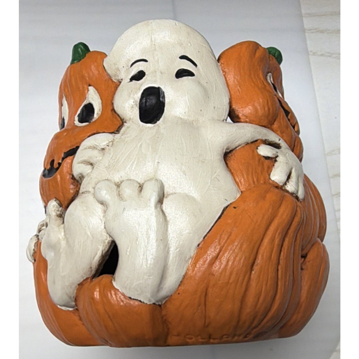 Vintage Holland Mold Halloween Ceramic Candle Holder Ghost Pumpkin Hand Painted