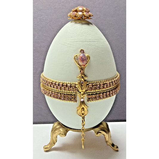 Vtg Pink Faceted Rhinestone Opal Gold Hand Decorated Goose Egg Hinged Footed Box