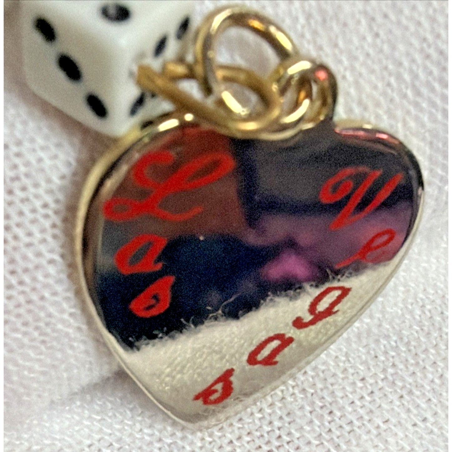 Vintage Las Vegas Gold Tone Heart Charm Pendant Dice Die