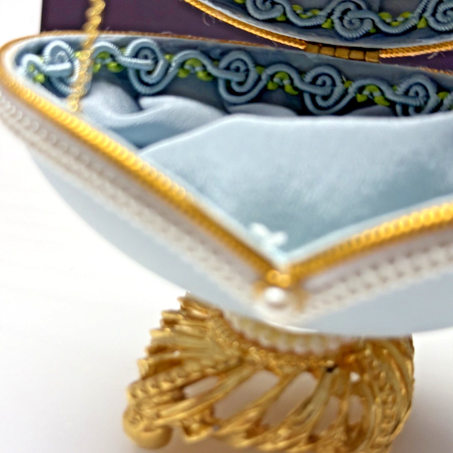 Egg Fantasy Hand Decorated Goose Egg Blue Trinket Jewelry Box Porcelain Flowers
