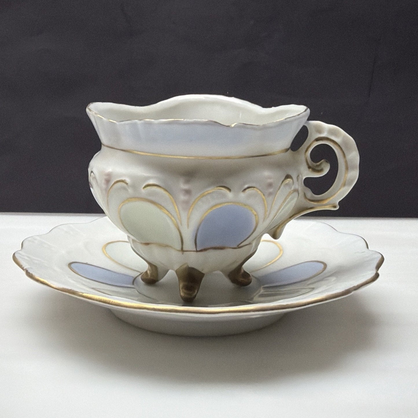 Old Germany Austria Ornate Porcelain Demitasse Cup Saucer Painted Footed Ornate