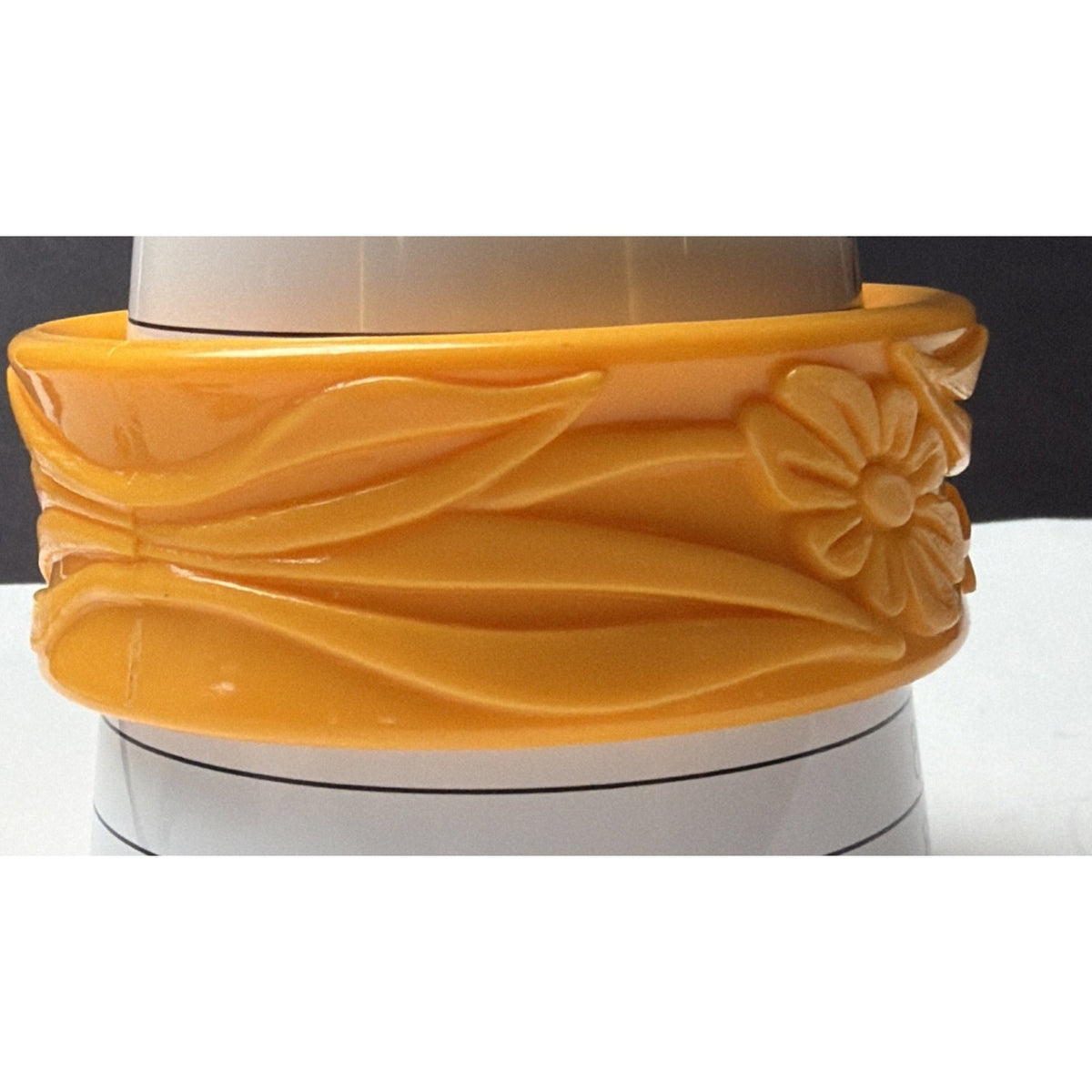 Vintage Molded Deeply Carved Plastic Floral Bangle Bracelet Taiwan Orange
