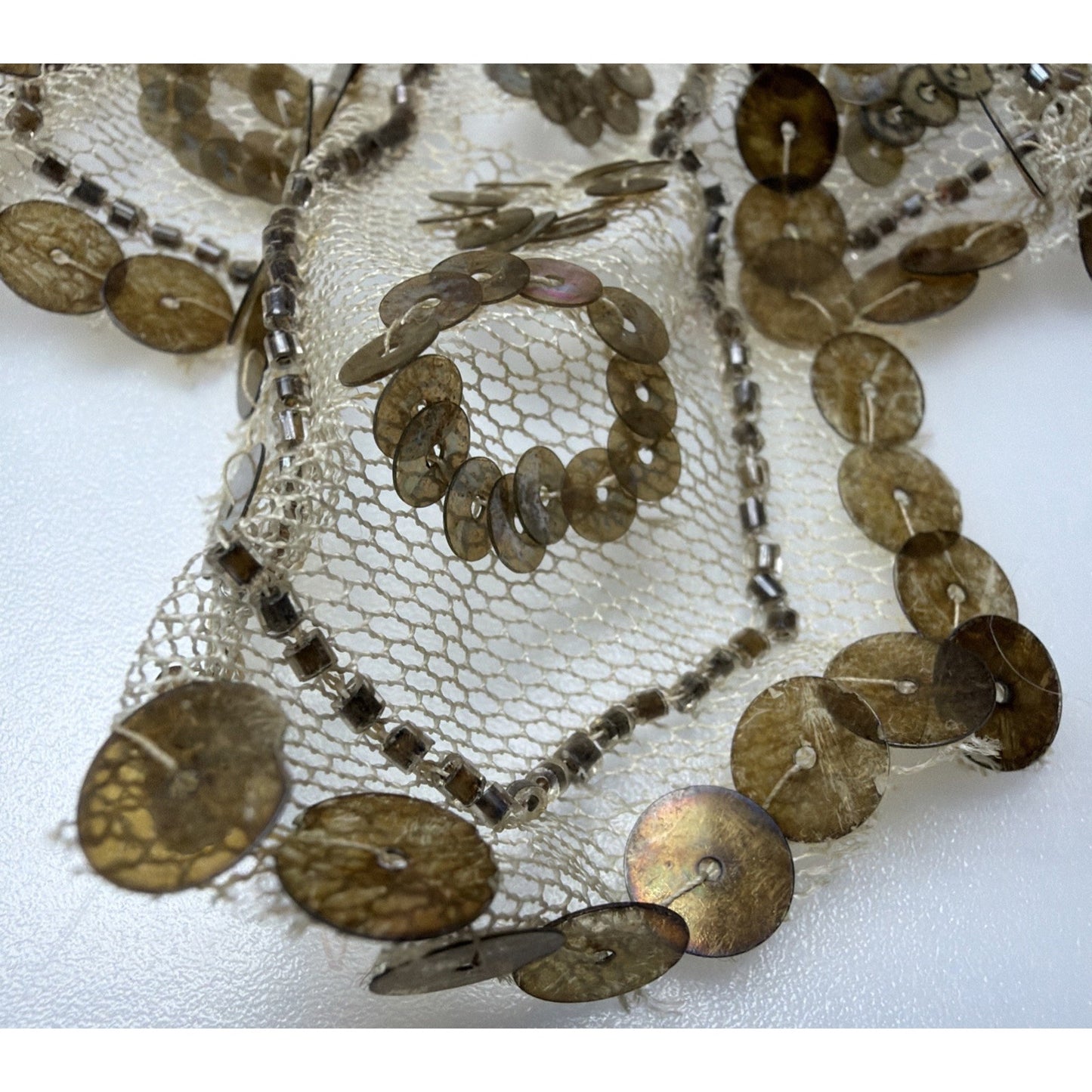 Antique Gold Sequined Tulle Lace Applique Bow Adornment As Is