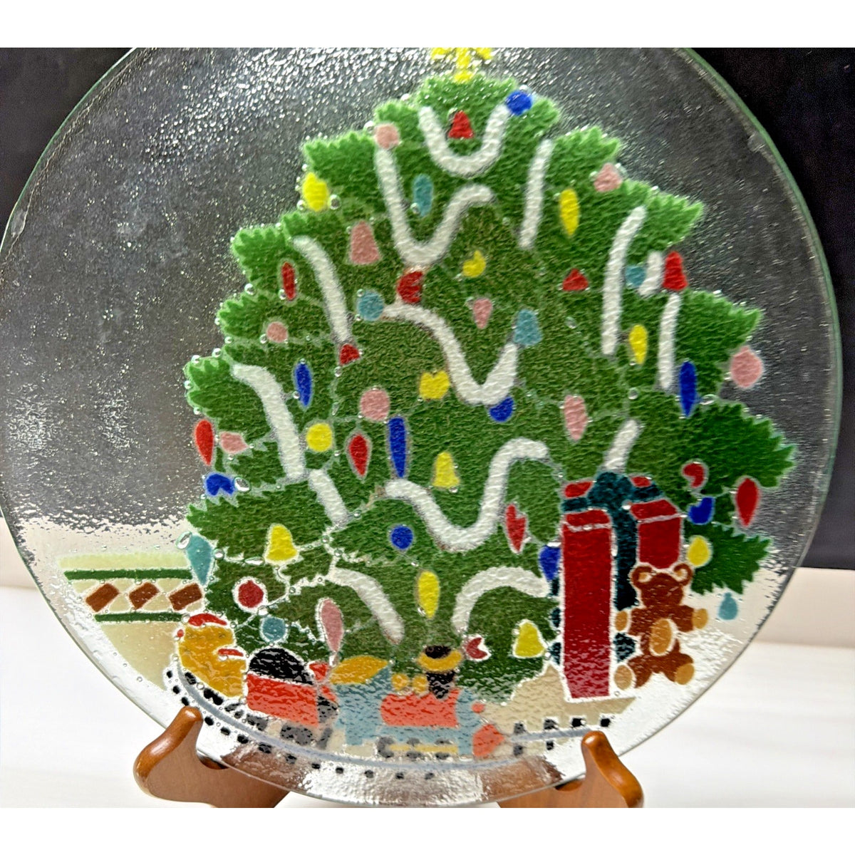 Vintage Peggy Karr Fused Glass Christmas Tree Toy Train Platter Teddy Bear