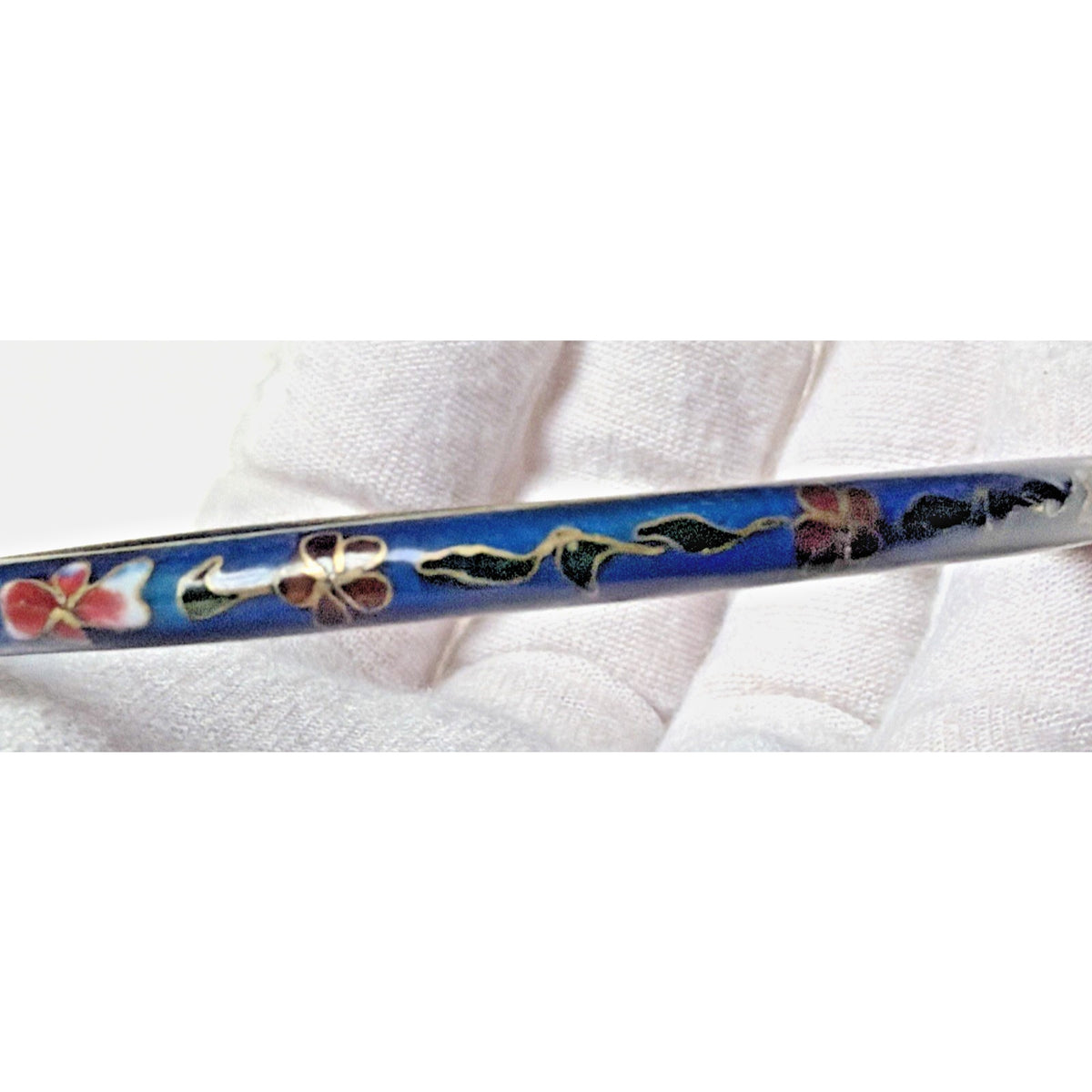 Vintage Chinese Cloisonne Floral Flower Bangle Bracelets Blue Enamel As Is