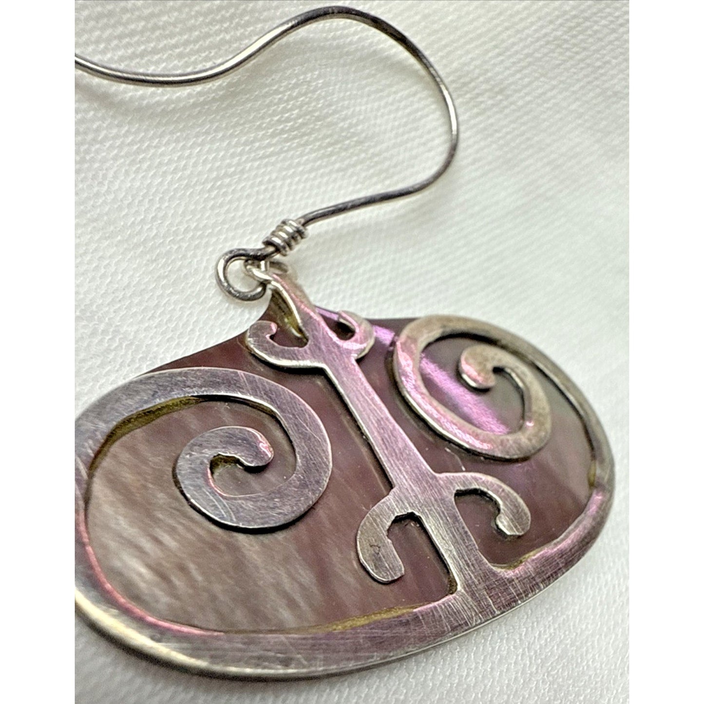 Vintage Sterling Silver Overlay Shell Nacre Earrings Large Ornate Filigree