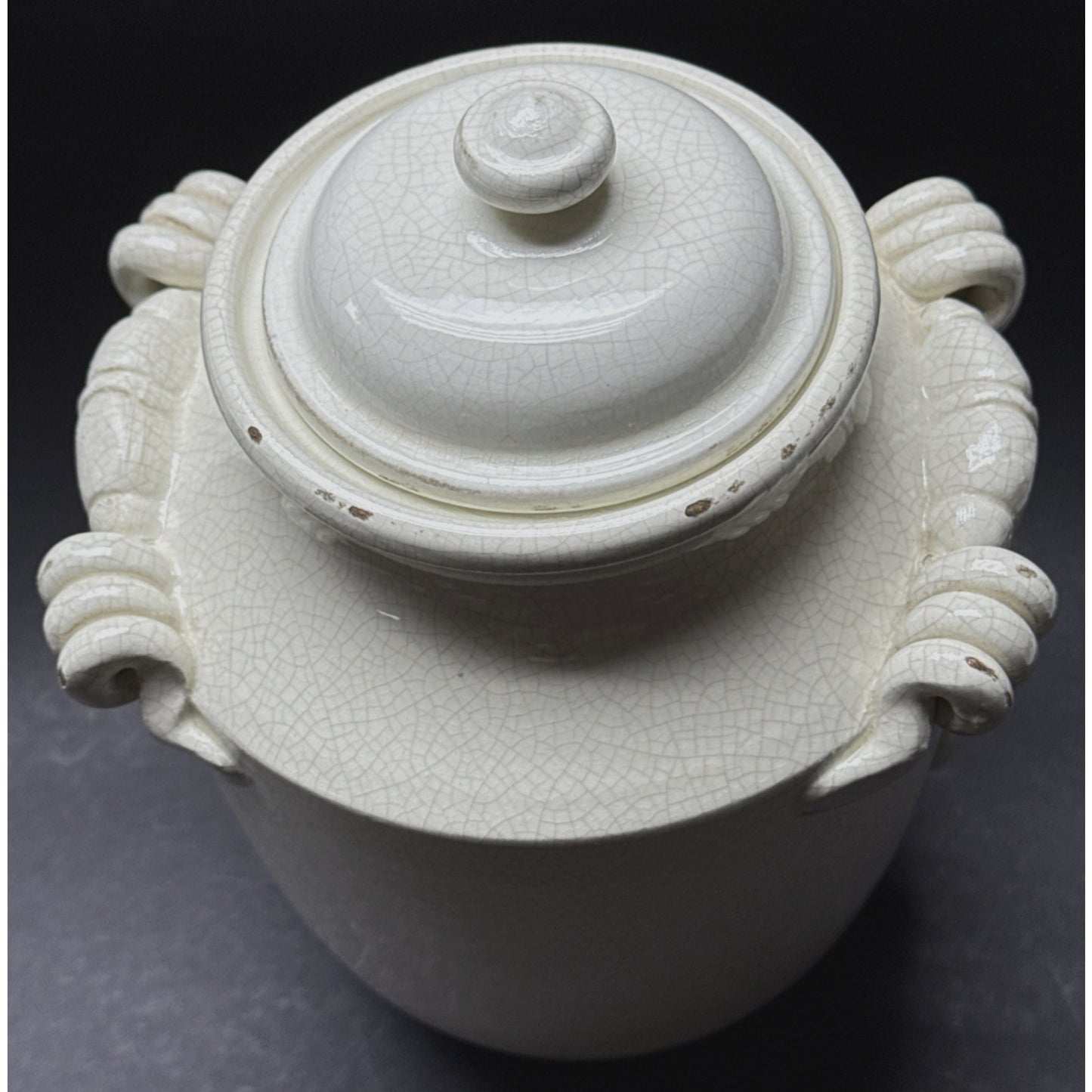 Vintage Leona Lavorato A Mano Italy Crackle Glaze Cream Canister Jar 9.25" As-Is