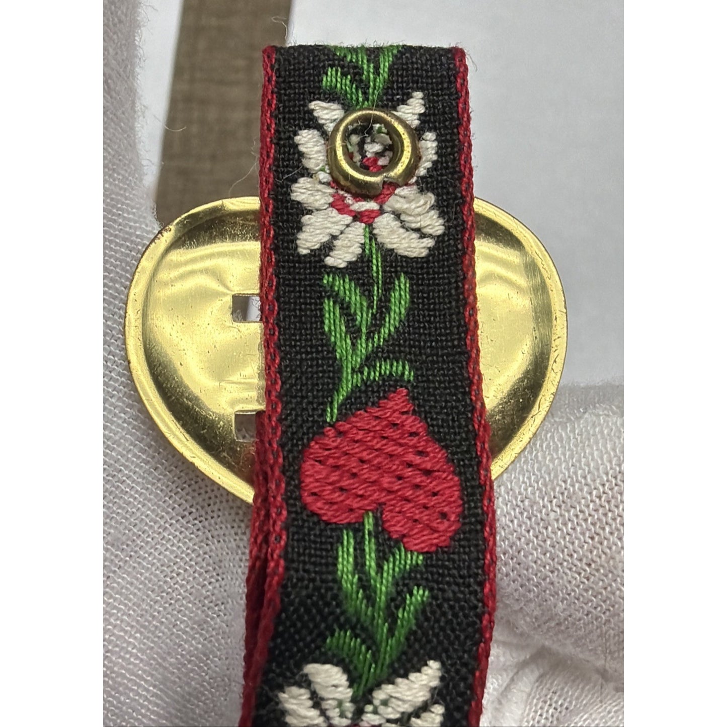 Vtg Metal Brass Colored Swiss Cowbell Cow Bell Embroidered Strap Floral Heart
