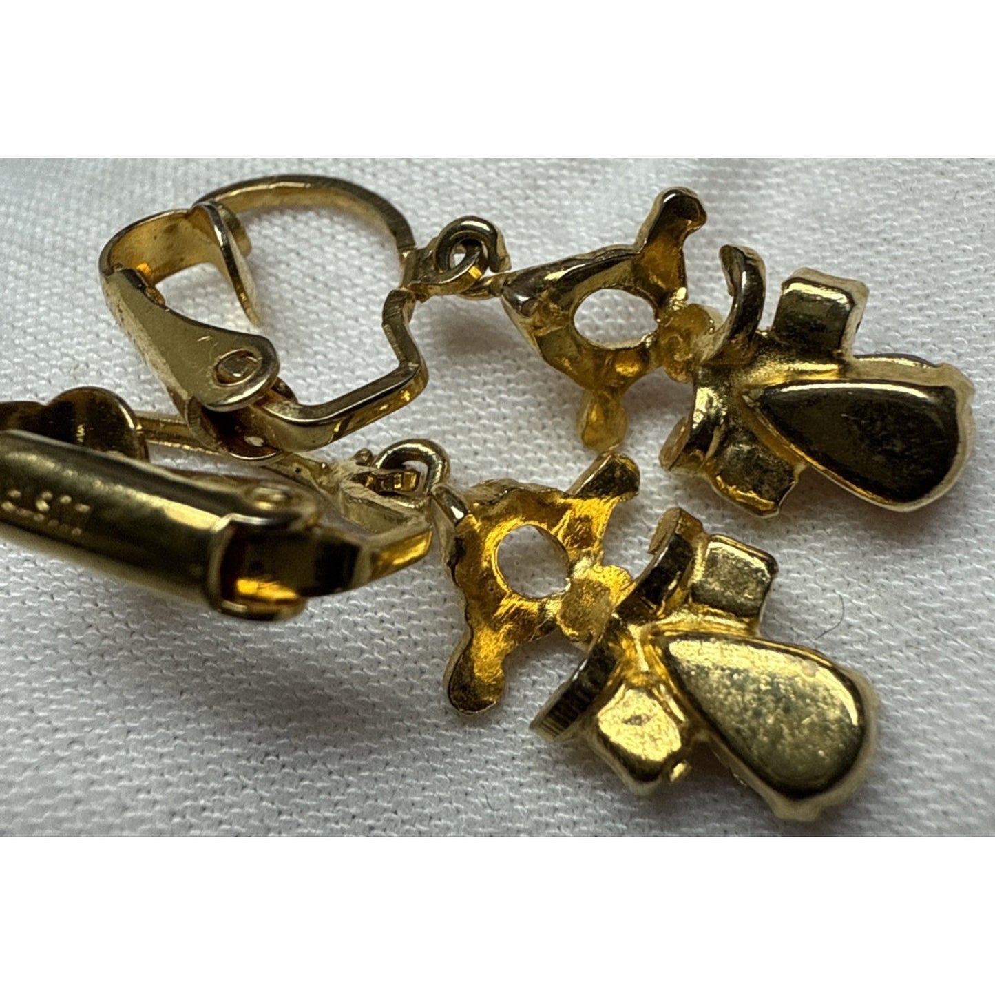 Vintage Austria Clip On Earrings Dangle Rhinestone Clear Brown Angel