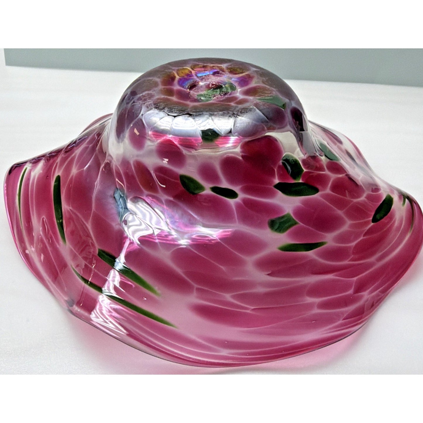 Vintage Blown Glass Bowl Iridescent Mottled Green Cranberry Purple Gold