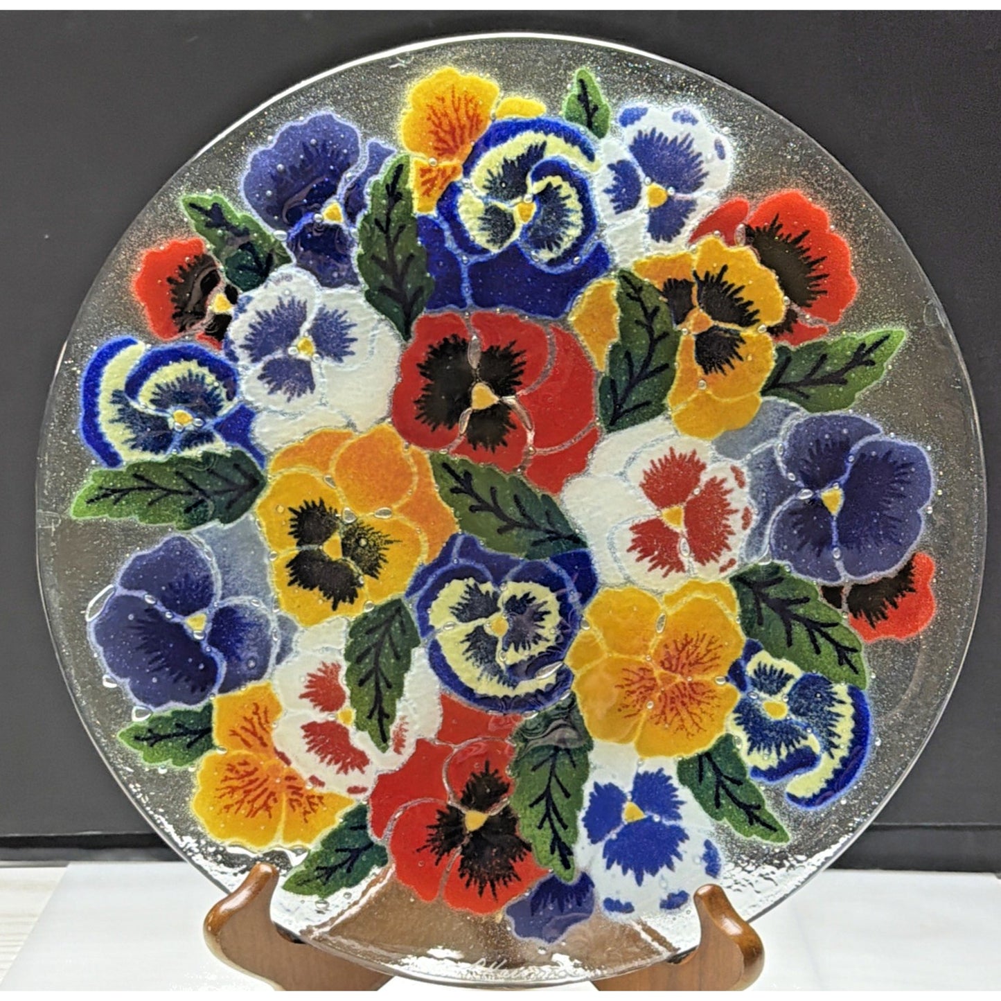 Vintage Peggy Karr Fused Art Glass Plate Platter Floral Pansy 11" Signed