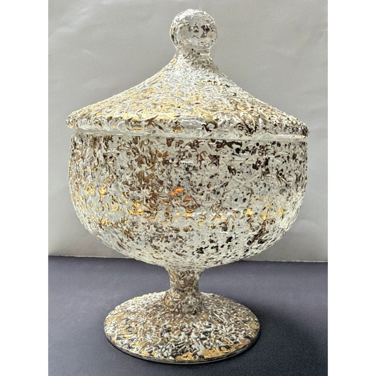 MCM West Virginia Glass Lidded Pedestal Candy Dish Golden Brocade Splatter