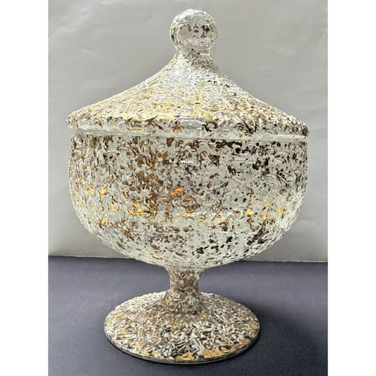MCM West Virginia Glass Lidded Pedestal Candy Dish Golden Brocade Splatter