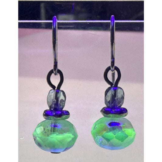 Vintage Sterling Silver Faceted AB Crystal Glass Uranium Dangle Earrings Mottled