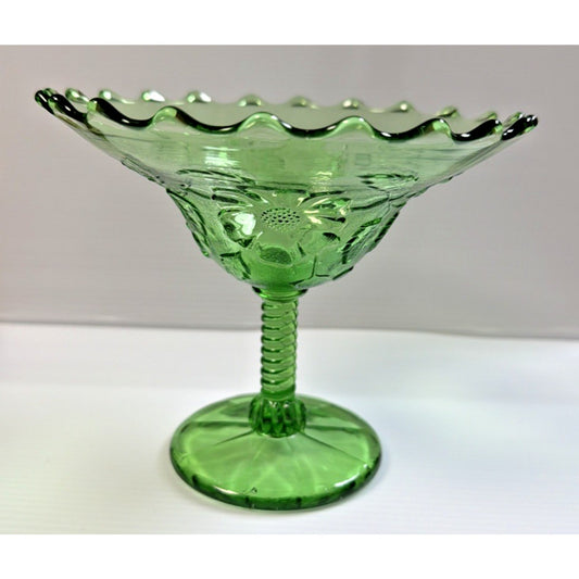Old Northwood Glass Wild Flower Green Footed Compote Candy Dish