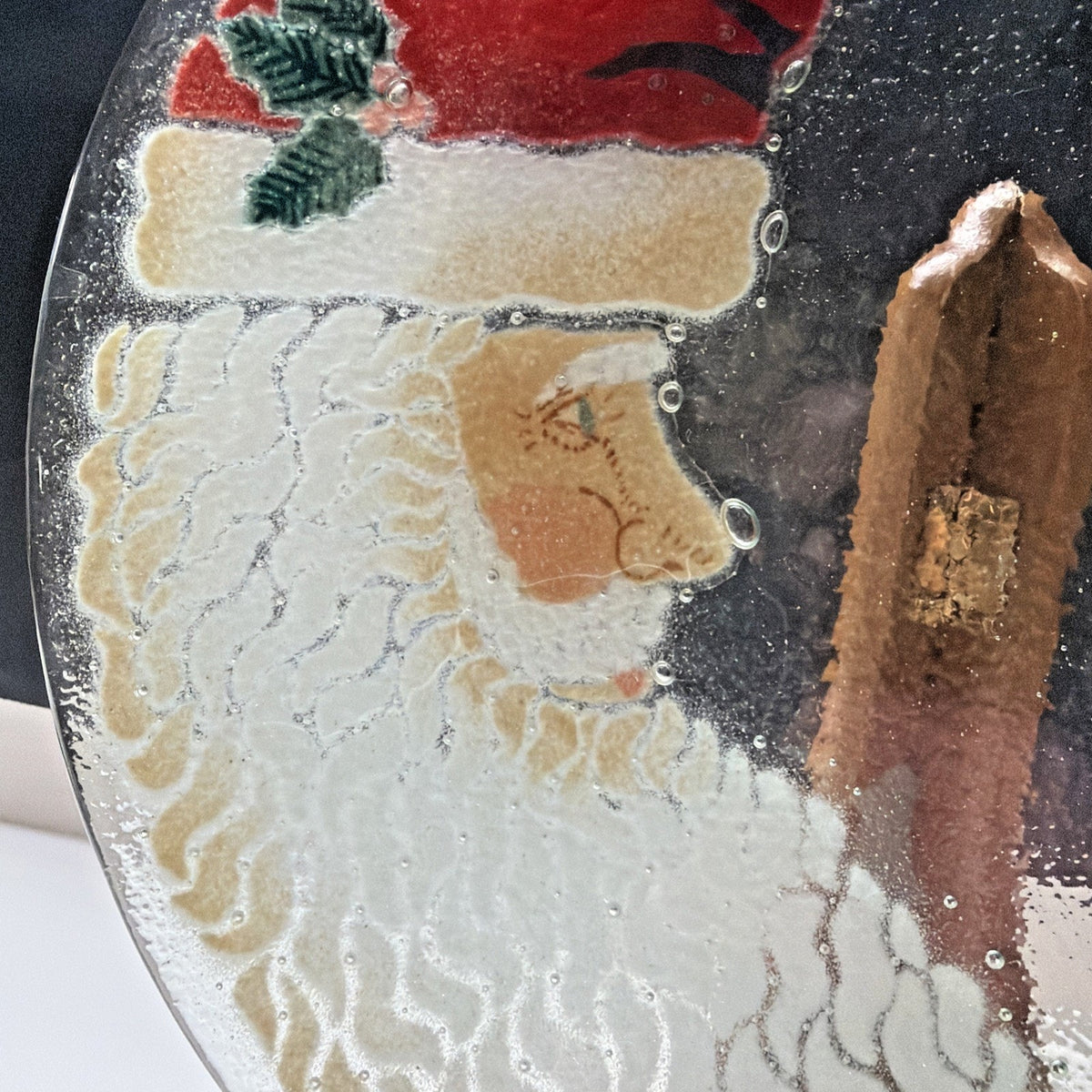 Vintage Peggy Karr Fused Glass Crescent Moon Santa Christmas Platter Signed