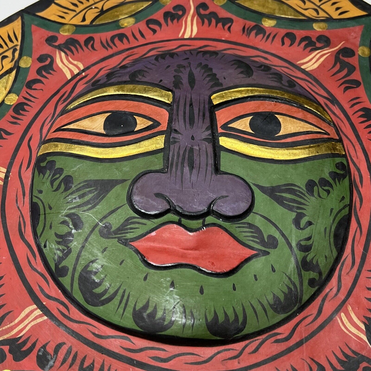 Vintage Folk Art Wood Carved Sun Face Mask Tribal Hand Painted Large