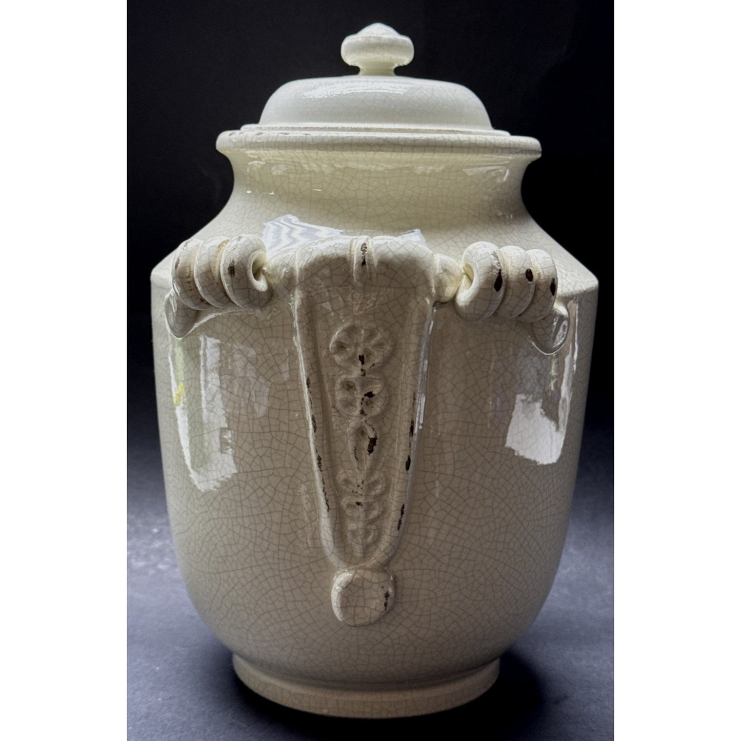 Vintage Leona Lavorato A Mano Italy Crackle Glaze Cream Canister Jar 9.25" As-Is