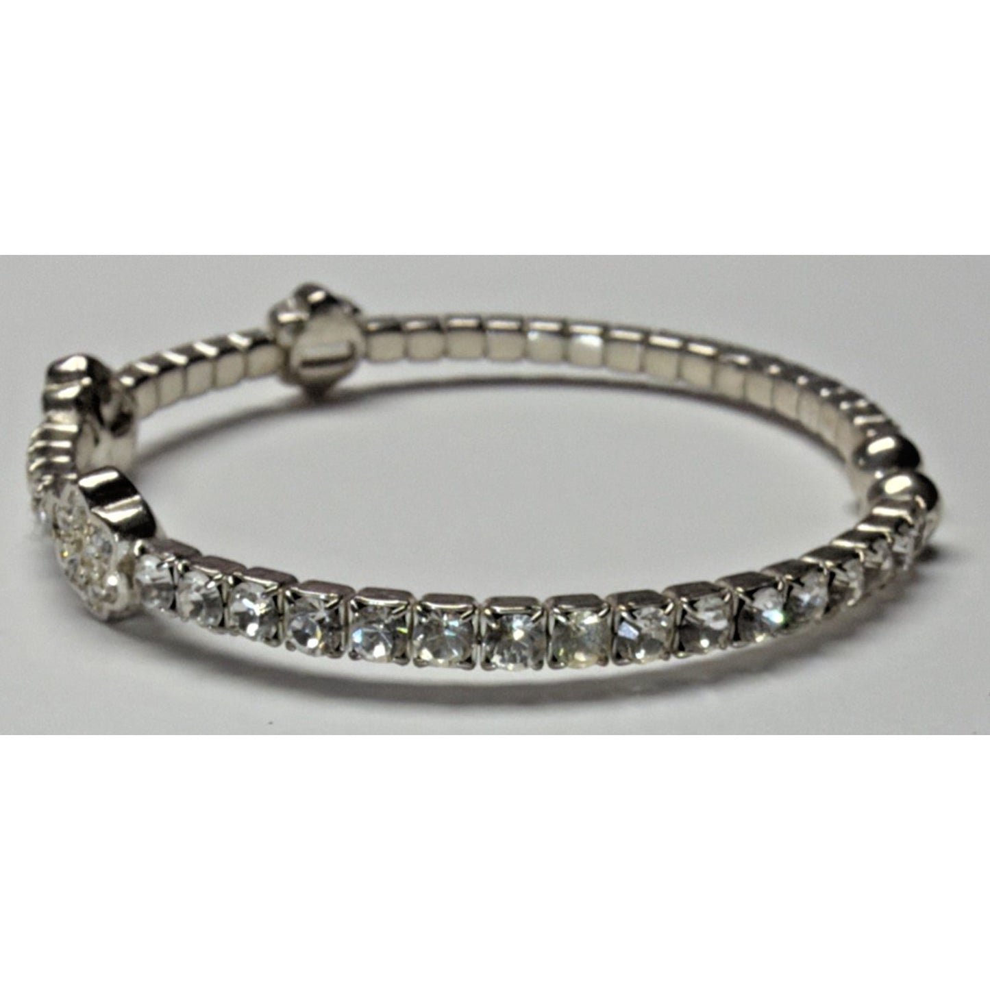 Vintage Clear Rhinestone Silver Cuff Bracelet Flower Clover