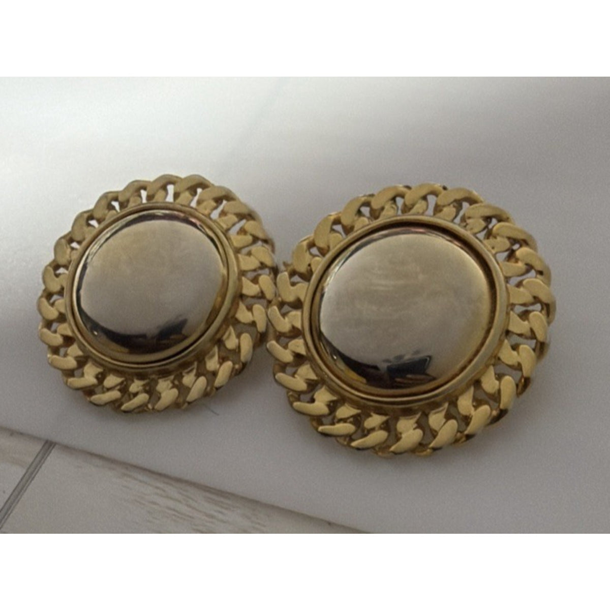 Vintage Button Dome Earrings Gold Tone Round Curb Chain Braided Border Clip On