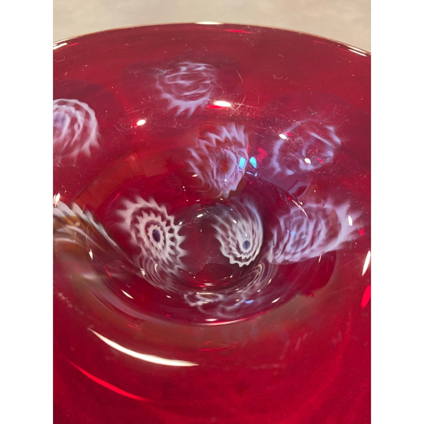 Vintage Murano Art Glass Venetian Murrine Bowl Cherry Red Millefiori Flower