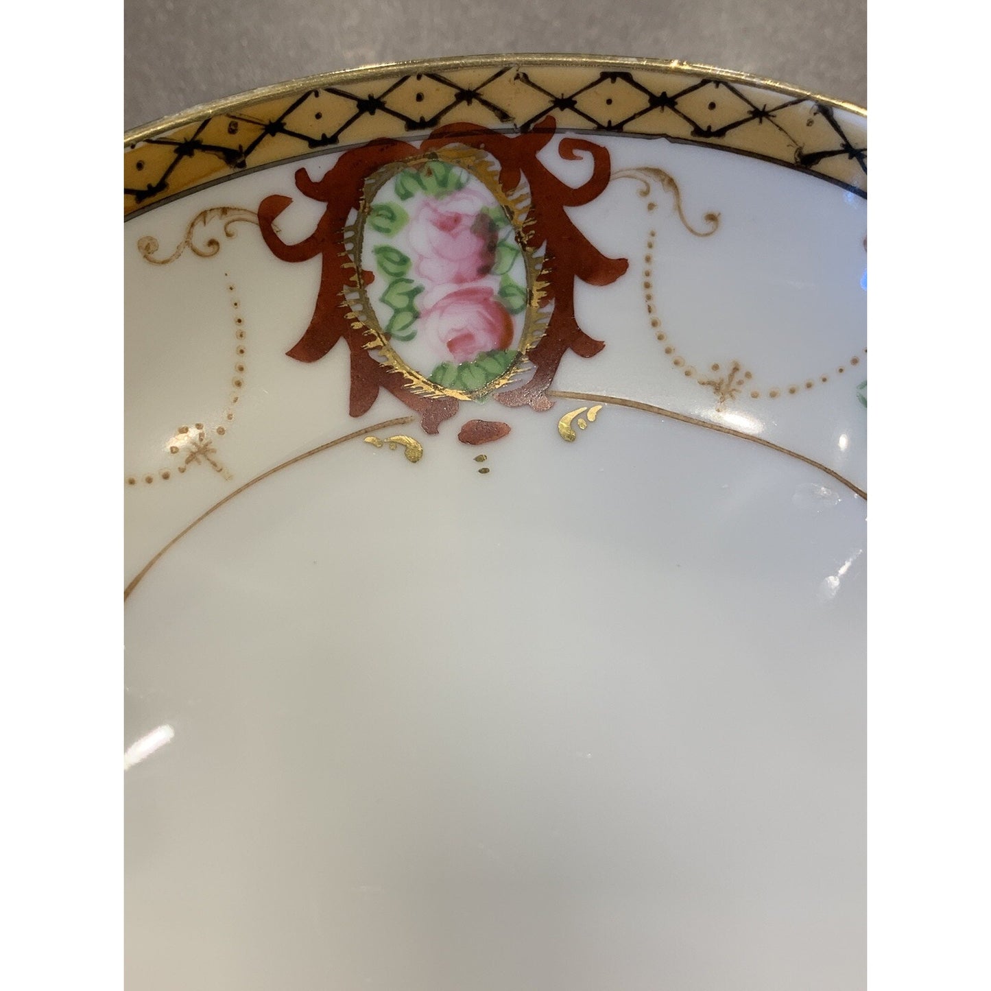 Noritake Morimura Japan Hand Painted Roses Floral Bowl Reticulated Handles Gold