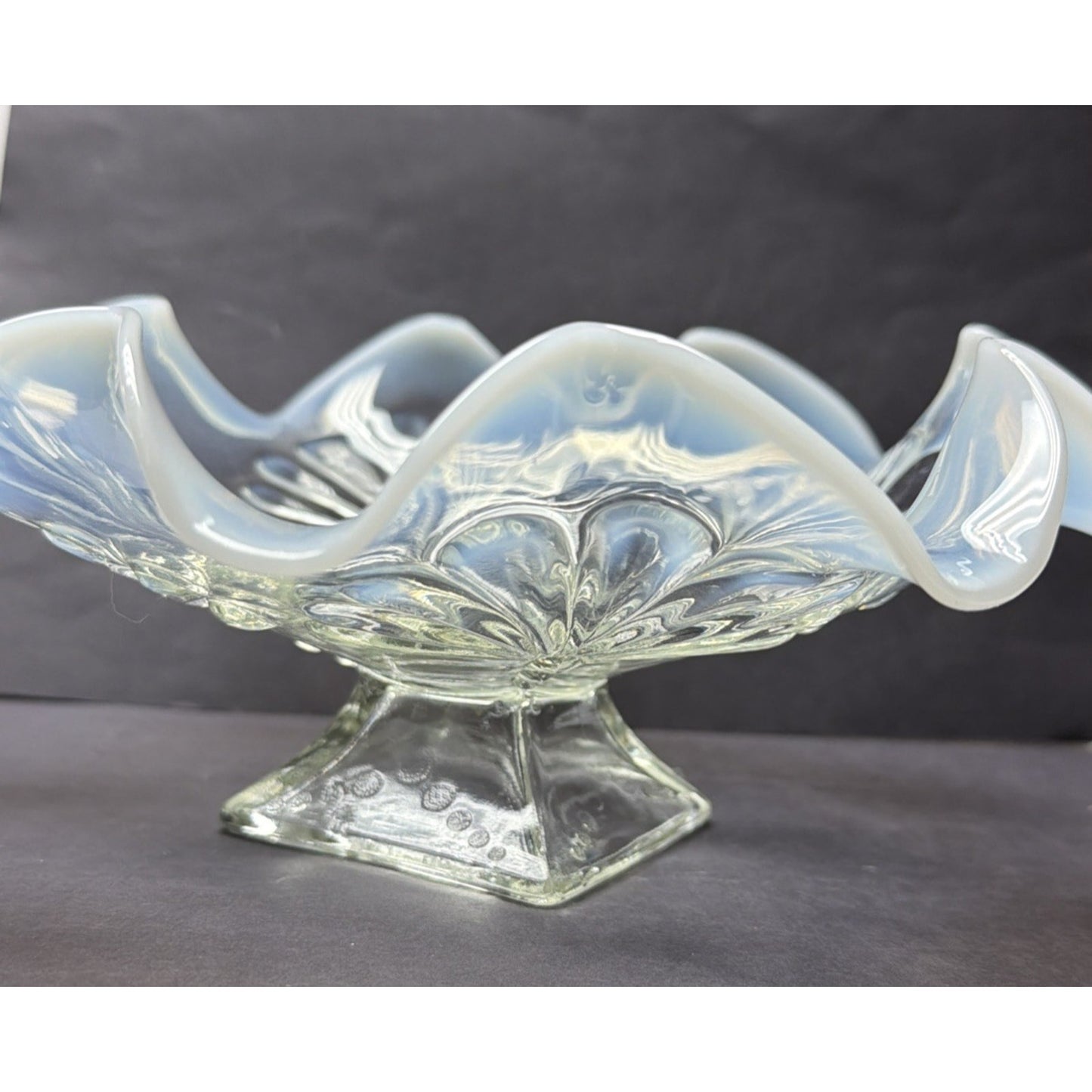 EAPG Jefferson Glass Footed Bowl Beaded Fan 211 Opalescent Ruffled Wavy Rim