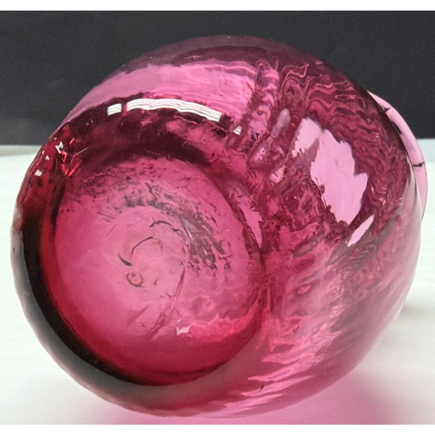 Vintage Pilgrim Art Glass Cranberry Optic Swirl Vase Ruffle Top Clear Filigree