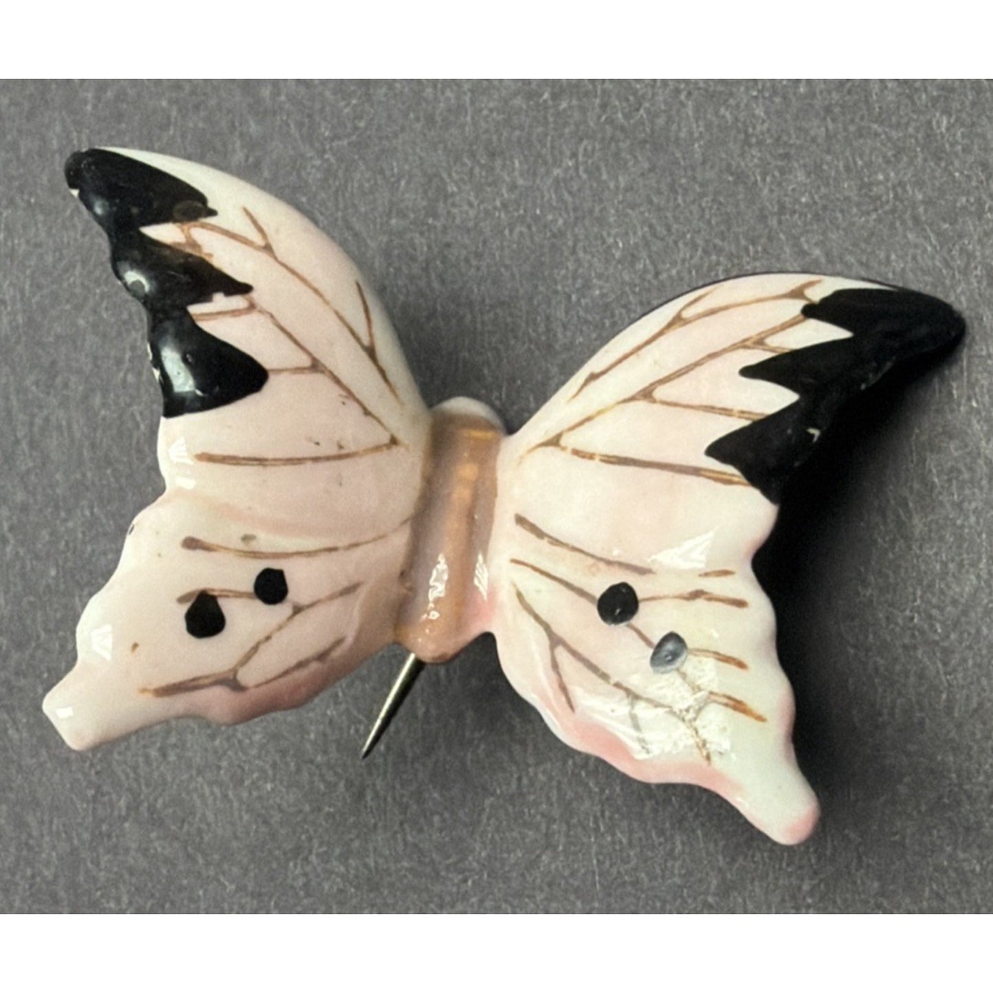 Vintage Hand Painted Porcelain Butterfly Pin Pink Black Monarch Japan