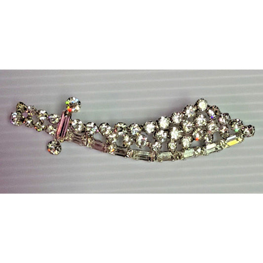 Vintage Sword Pin Brooch Dagger Crystal Rhinestones Baguette Silver