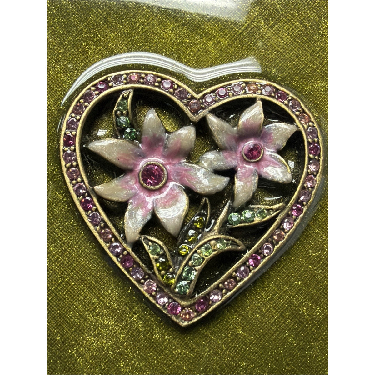 Jay Strongwater Folding Travel Double Picture Frame Heart Flowers Jeweled Green