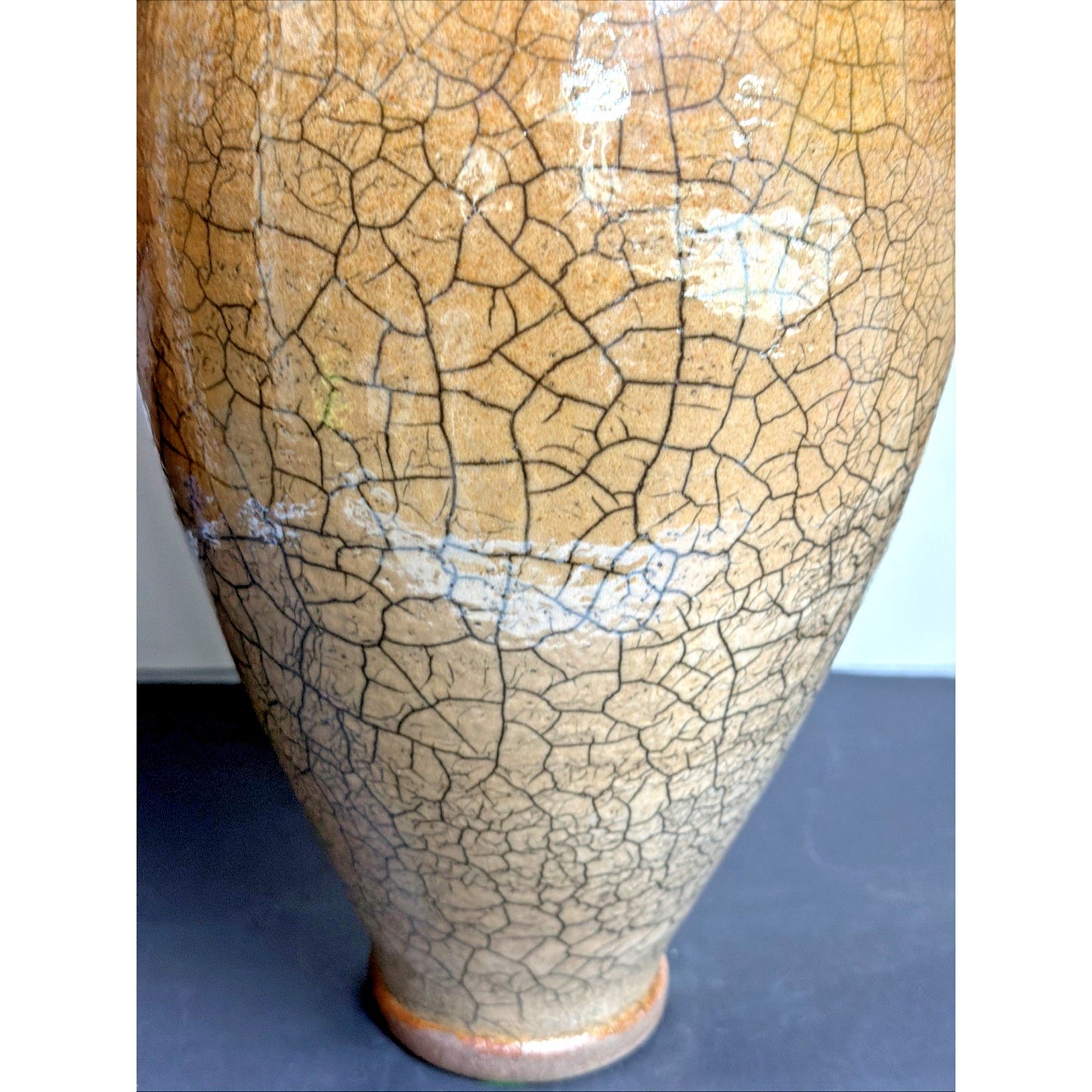 Vtg Casey Hankin Raku Art Pottery Vase Crackle Iridescent Orange Marigold Large