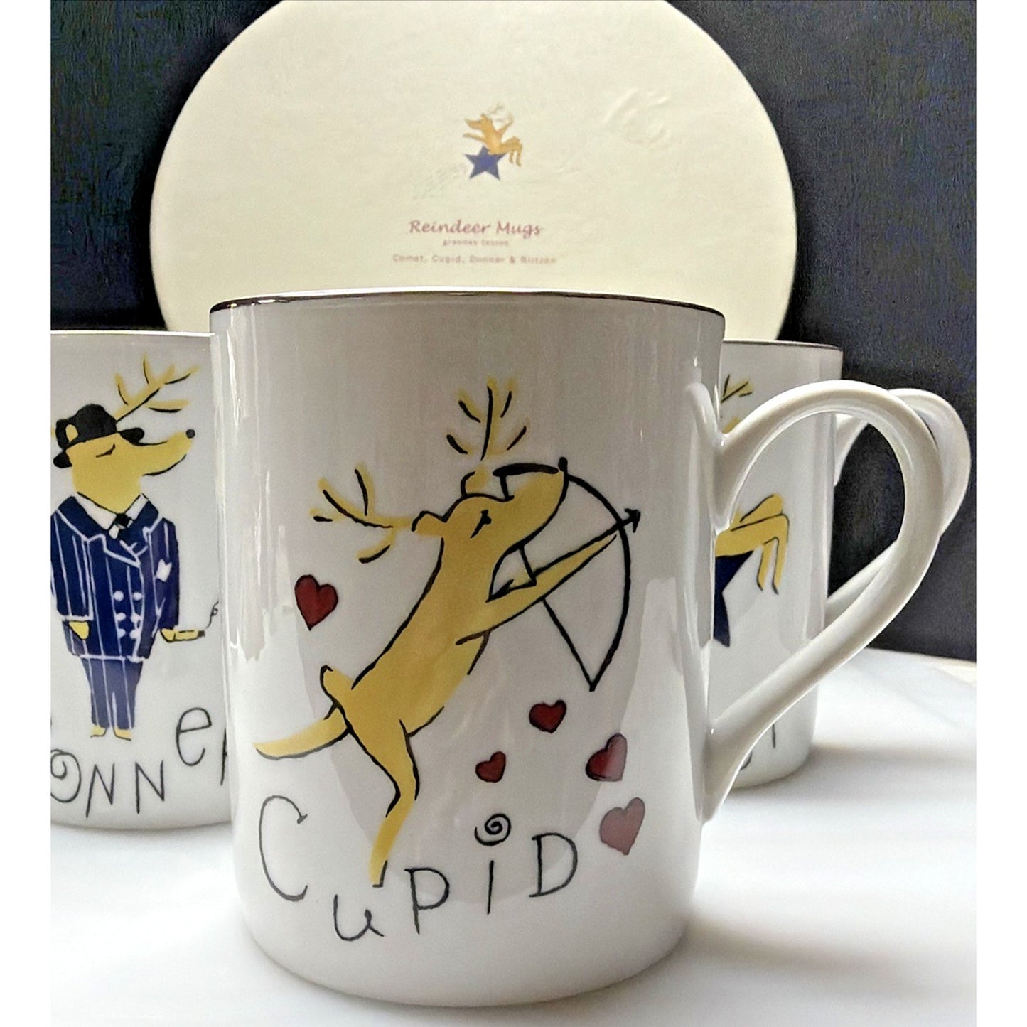 Pottery Barn Set of 4 Reindeer Mugs Box Williams Sonoma Comet Donner Blitzen Cup