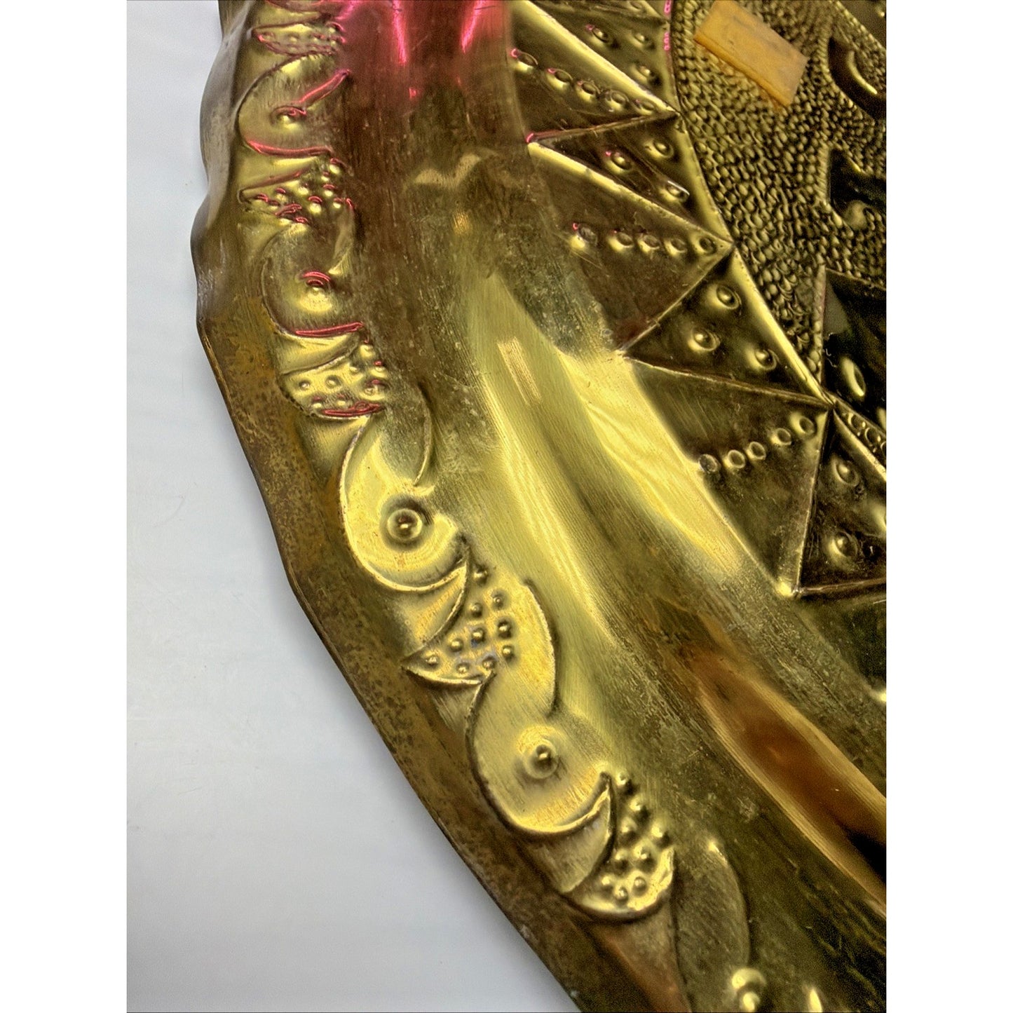 Mayan Aztec Peruvian Brass Gold Metal Enamel Engraved Hammered Wall Plate As Is