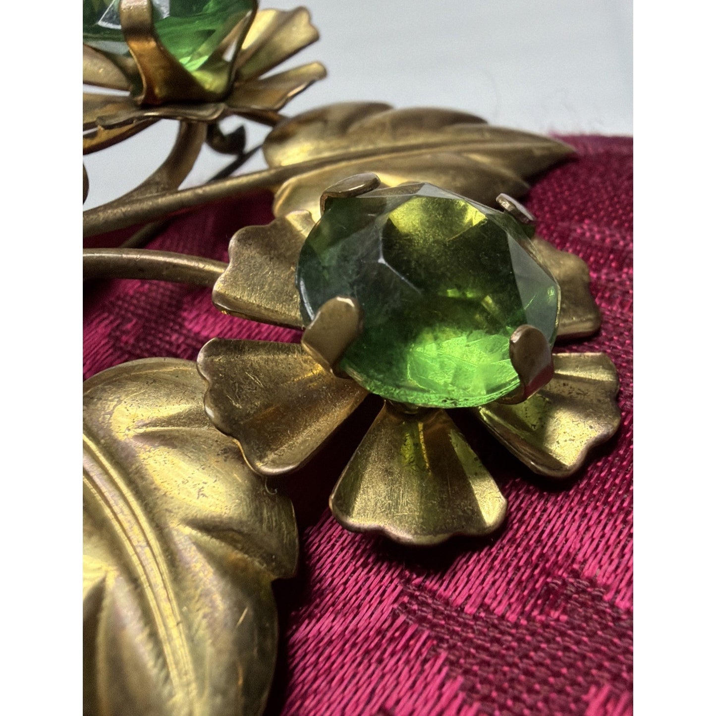 Vintage Large Gold Tone Floral Sprig Spray Brooch Pin Green Rhinestones