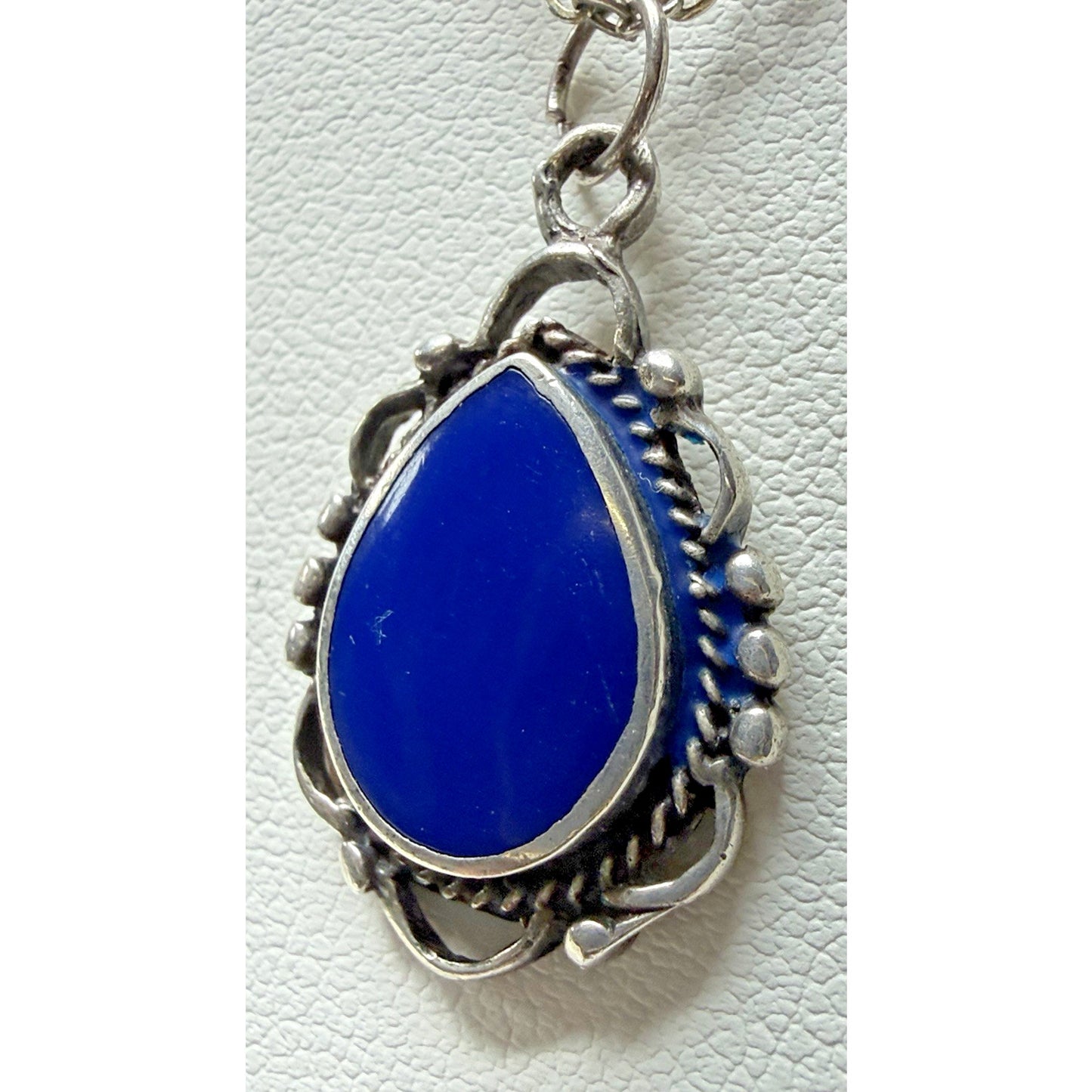 Vintage Sterling Silver Teardrop Pendant Necklace Blue Enamel As Is
