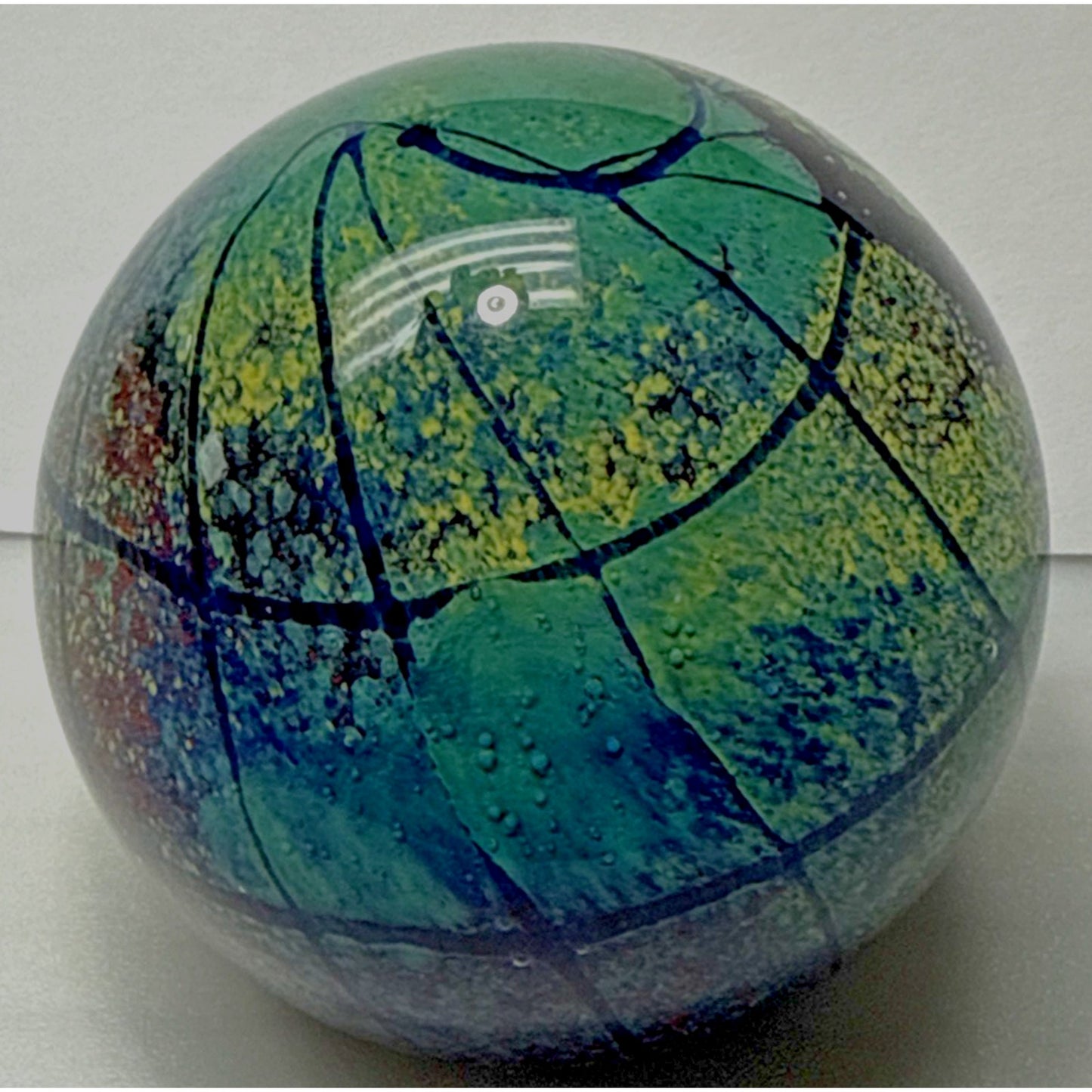 Vtg Art Glass Globe Paperweight Blue Green Confetti Hemisphere Mottled Bubbles