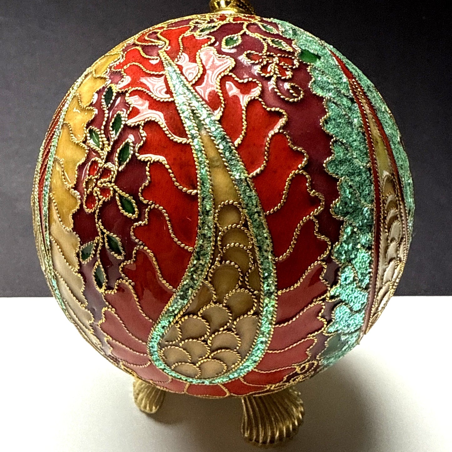 Vtg Cloisonne Ornament Ornate Large Paisley Decorated Enamel Gold Floral As-Is