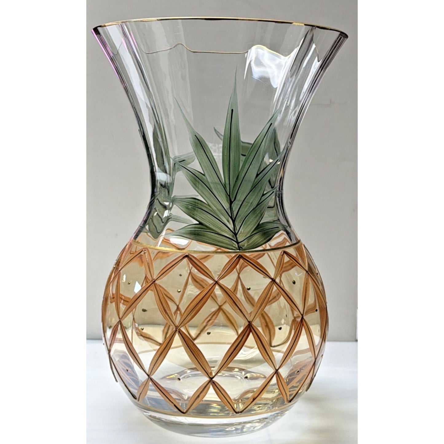 Romanian Crystal Pineapple Vase Gold Trim Green Palm Large Orange Crystal Clear