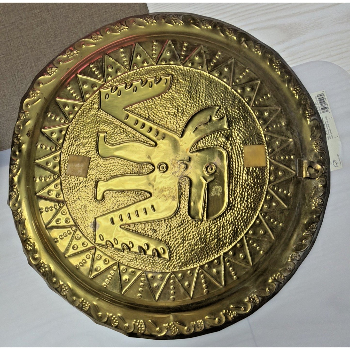Mayan Aztec Peruvian Brass Gold Metal Enamel Engraved Hammered Wall Plate As Is