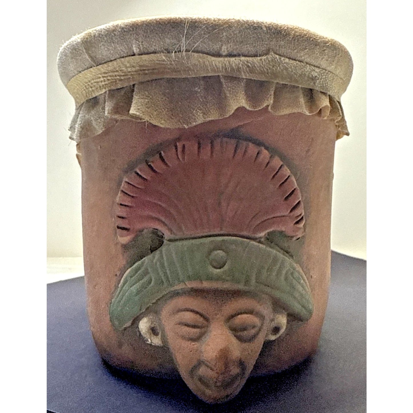 Vintage Mayan Aztec Folk Art Terracotta Clay Water Drum Figural Hide