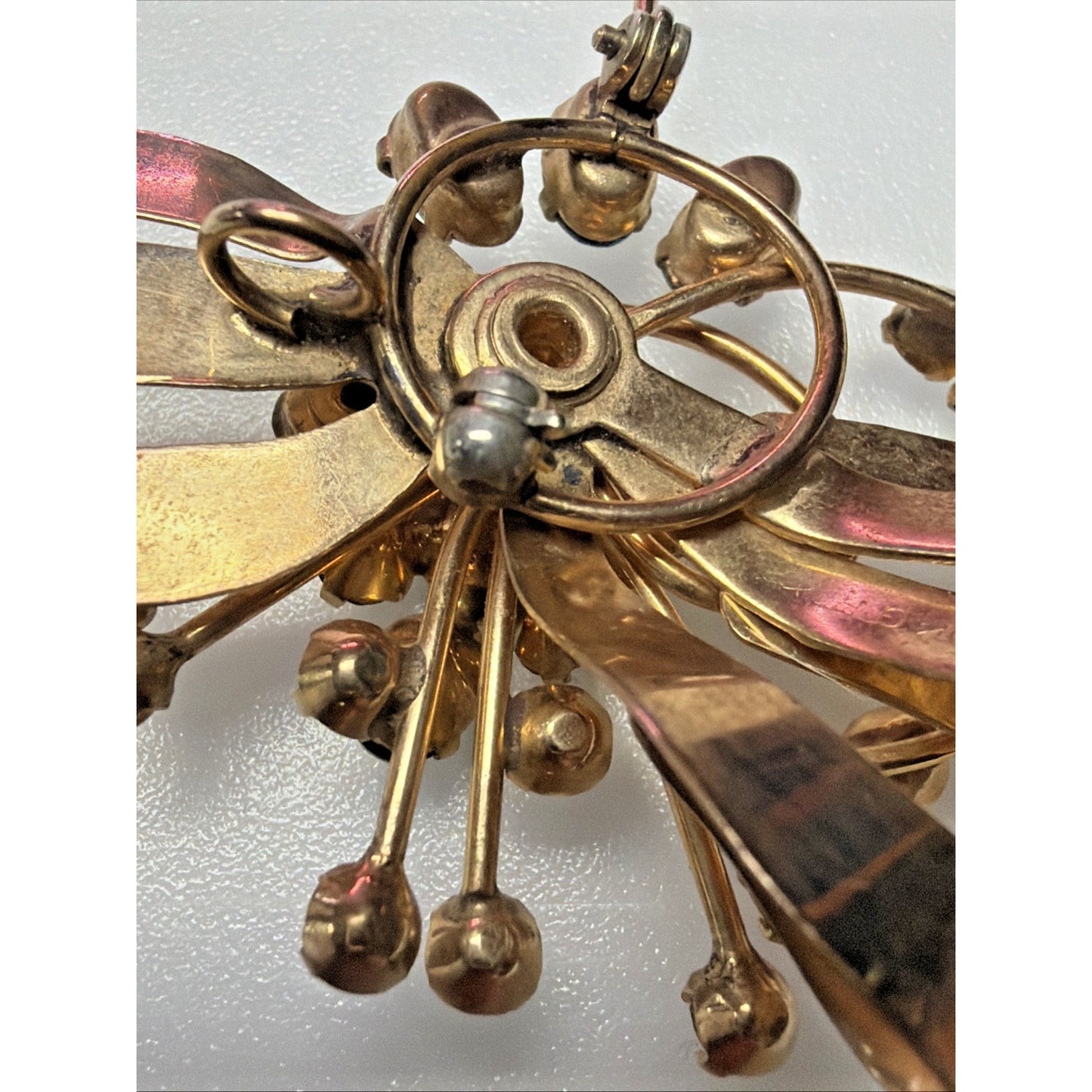 Vintage 1/20 10k Gold Filled Floral Spray Ribbon Pendant Brooch Aqua Rhinestone
