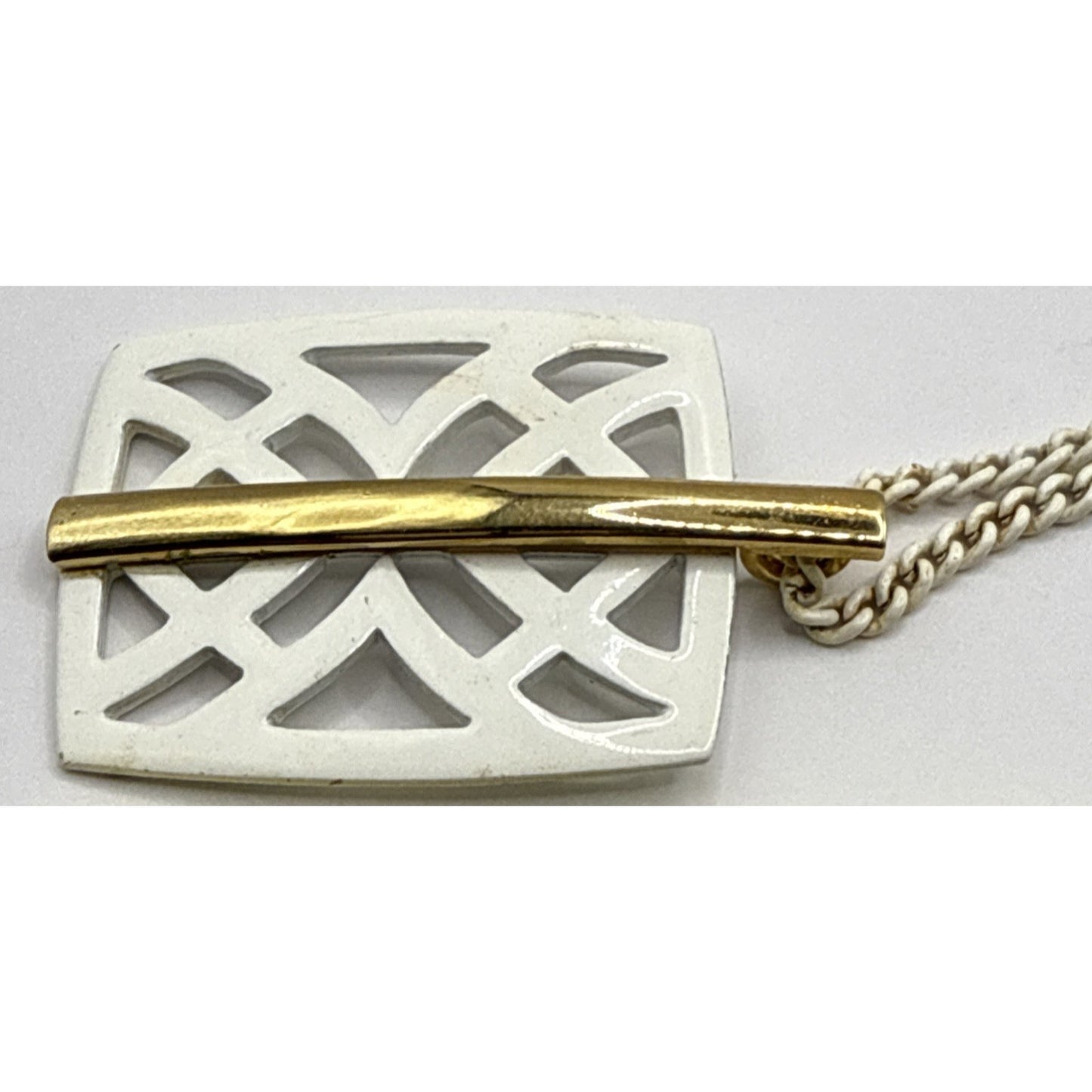 Vintage Crown Trifari Modernist White Enamel Necklace Pendant Gold Geometric