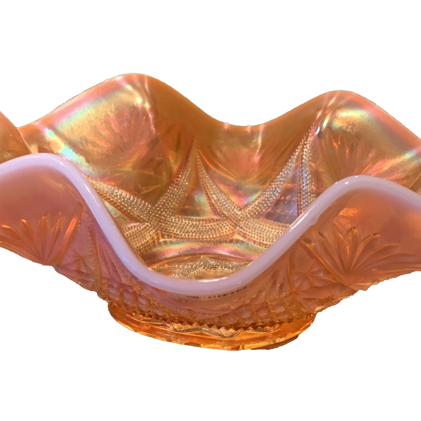 EAGP Dugan Glass Marigold Carnival Peach Opalescent Ski Star Master Bowl As-Is