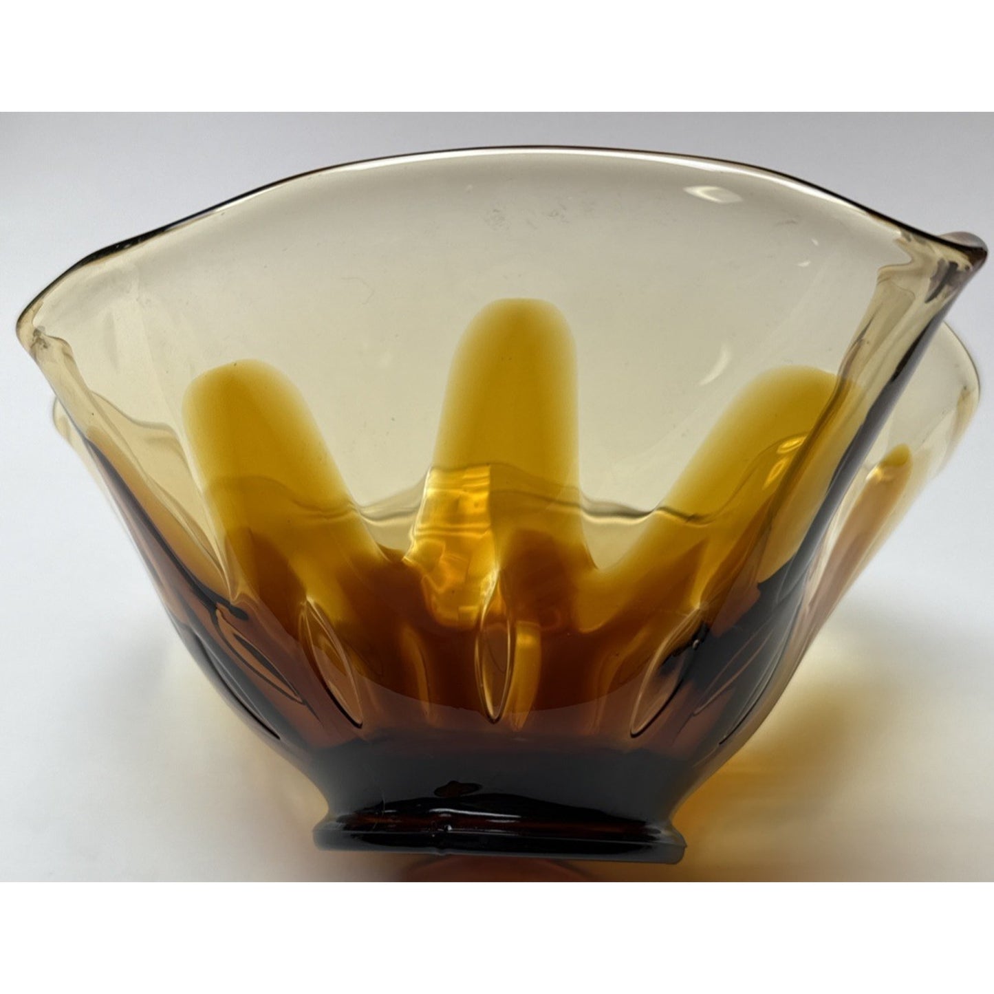 MCM Fostoria Art Glass Hawaiian Amber Brown Footed Ruffled Bowl