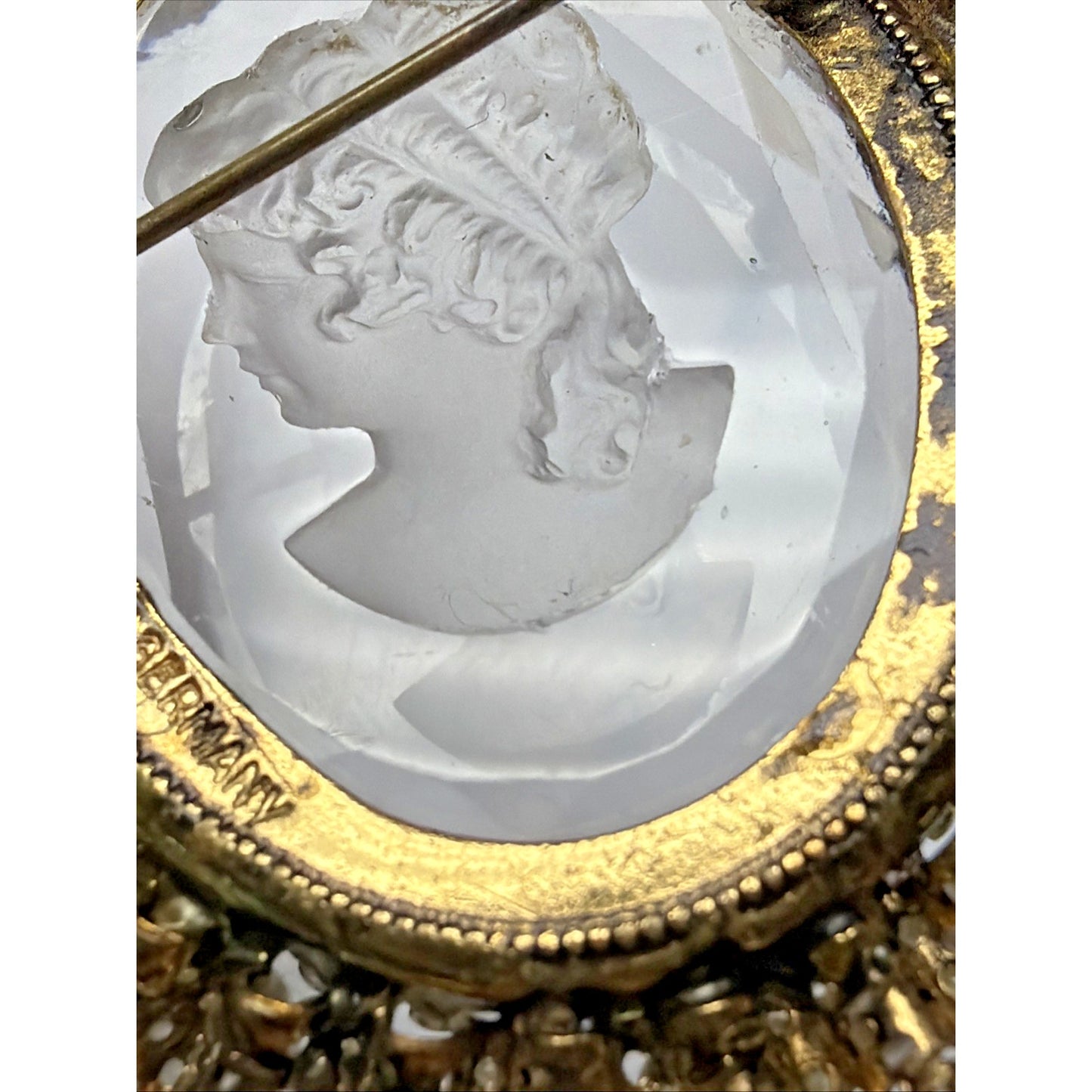 West Germany Intaglio Victorian Cameo Faceted Brooch Filigree Mini Faux Pearls
