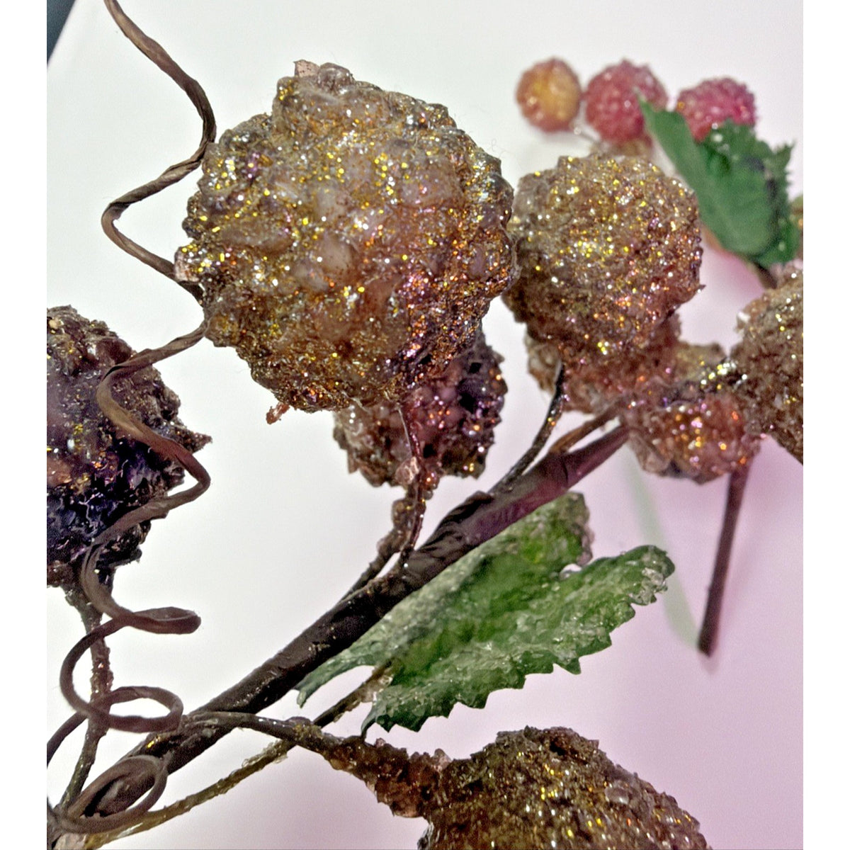 Vintage Lot of 2 Beaded Fruit Berry Grape Stem Picks Sugar Coated Leaf Bouquet